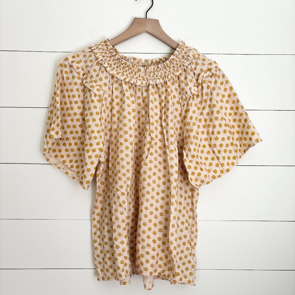 VOY Anthropologie cream and yellow polka dot top with ruffle collar